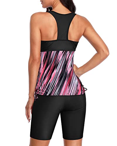 Two Piece Tankini Long Boy Shorts For Women-Pink Stripe