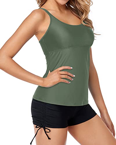 Two Piece Tankini Swimsuits Athletic Tummy Control Shorts-Olive Green