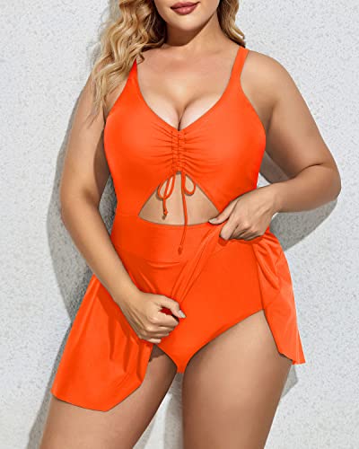 Plus Size One Piece Swimsuit Skirt V Neck Swim Dress Cutout-Neon Orange