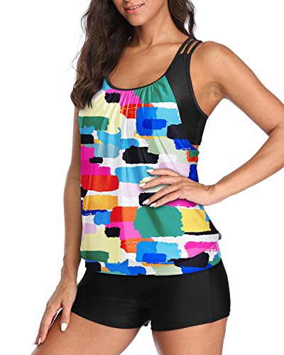 High Waisted Board Short Two Piece Tankini Swimsuits For Women-Color Tie Dye