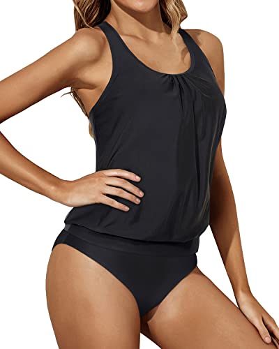 Women's Racerback Tank Tops Bottoms Blouson Tankini Swimwear-Black