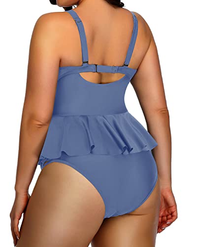 Women's Vintage Ruffle Tankini Swimsuit Top Lace Strappy Sides-Blue