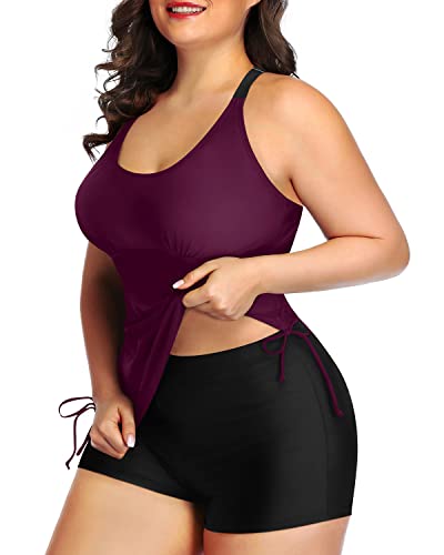 Athletic Plus Size Two Piece Ruched Swimsuit Tummy Control-Maroon
