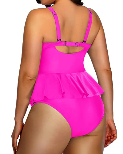 Women's Plus Size Tummy Control Peplum Tankini Swimsuit-Neon Pink