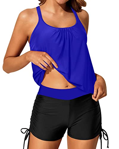Loose Fit Push Up Padded Bra Tankini Swimsuits Criss Cross Back-Royal Blue And Black