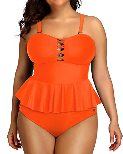 Lace Up Built In Padded Bra Plus Size Bathing Suits For Women-Neon Orange