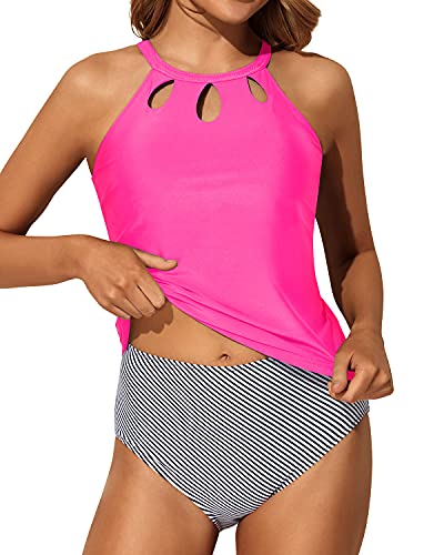 Backless Halter High Neck Tankini Bathing Suit Tummy Control-Hot Pink Stripe