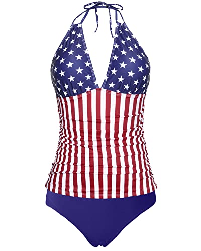 Women's Halter Tankini V Neck Swimsuit Bikini Bottom-American Flag