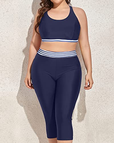 Plus Size Tankini Swimsuits Sports Bra And Swim Capris For Women-Blue White Stripe