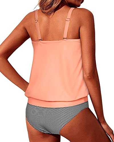 Mid Waist Tummy Control Swimsuits For Women 2 Piece Tankini-Coral Pink Stripe