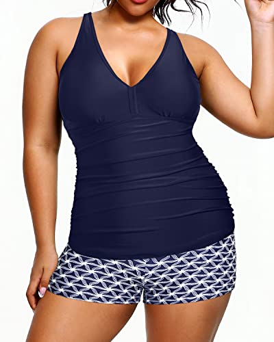 Two Piece Plus Size Tankini Swimwear Shorts Tummy Control Bathing Suits-Navy Blue Tribal