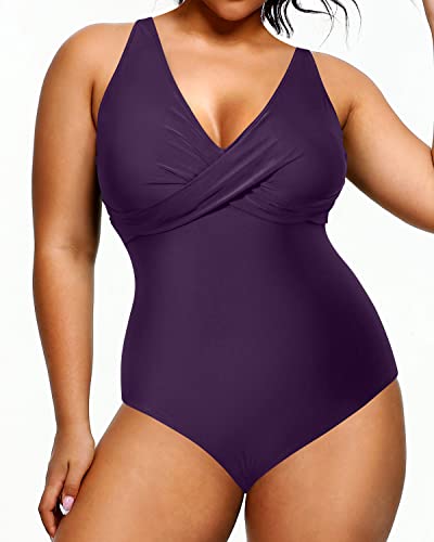 Women's Slimming One Piece V-Neck Plus Size Swimsuits-Dark Purplish Red