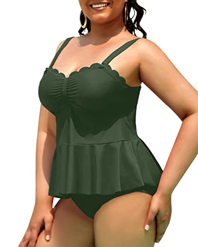 Two Piece Black Swimsuits For Women Plus Size Ruffle Hem-Army Green
