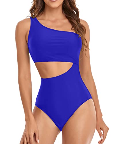 Women's One Shoulder Bathing Suit Monokini Cutout One Piece Swimsuits-Royal Blue