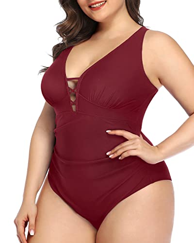 Lace Up Front Criss Cross Back Plus Size Push Up One Piece Swimsuit-Maroon