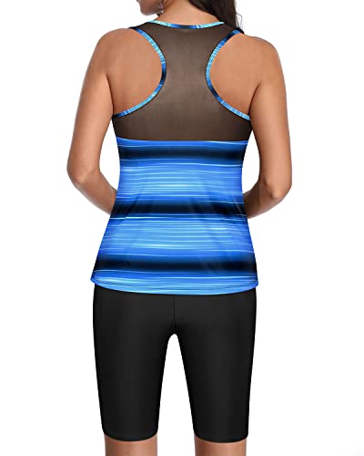 Women's Wireless Padded Bra Tankini Swimsuits Long Shorts For Women-Blue And Black Stripe