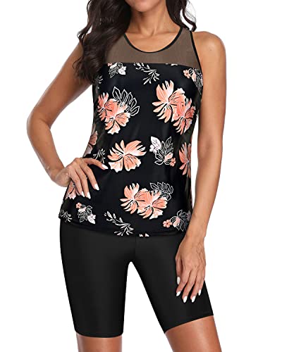 Racerback Tankini Swimsuit Shorts For Athletic Women-Black Orange Floral