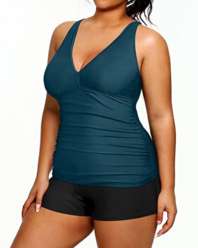 Tummy Control Tankini Plus Size Swimsuits Shorts Two Piece Bathing Suits-Teal And Black