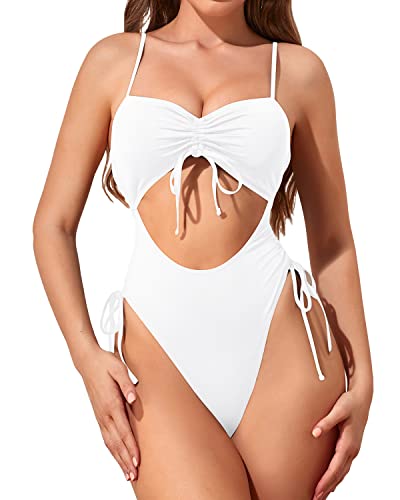 Spaghetti Shoulder Straps Removable Bra Thong Swimsuit For Women-White