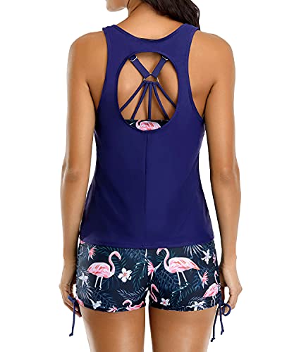 Women's Tankini Strappy D-Ring Back & Mid Waist Boyleg Bottoms-Blue Flamingo