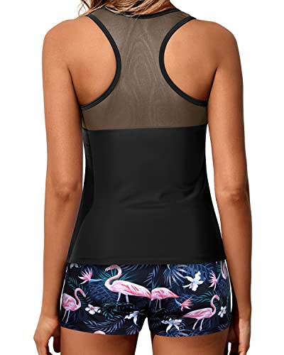 Mesh Patchwork Swim Top Shorts Athletic Racerback Tankini Swimsuits-Black Flamingo