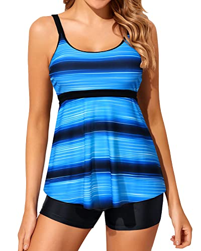 U Neck Tankini Swimsuits For Women 2 Piece Bathing Suits Boy Shorts-Blue And Black Stripe