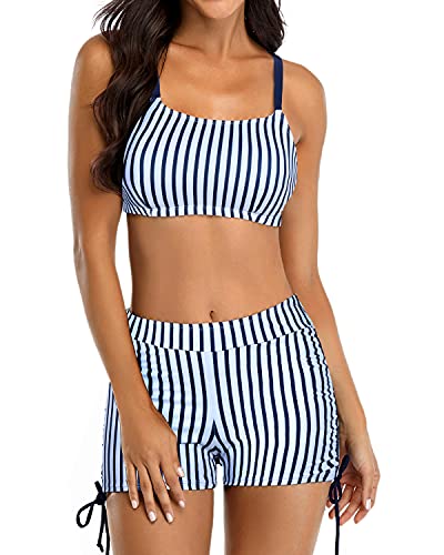 Women's Tankini Swimsuits Shorts And Tank Tops Bra And Boyshorts-Navy Stripe