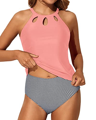 Modest Backless Halter High Waisted Tankini Bathing Suit-Coral Pink Stripe