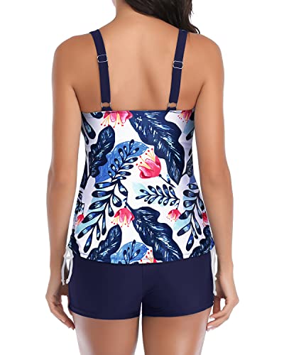 Women's Tankini Swimsuits Shorts Athletic Bathing Suits Slimming Swimwear-White And Blue Floral