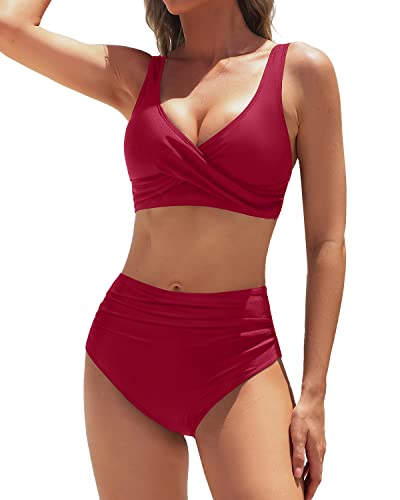 Women's Full Coverage Two-Piece High Waisted Bikini Swimwear-Red