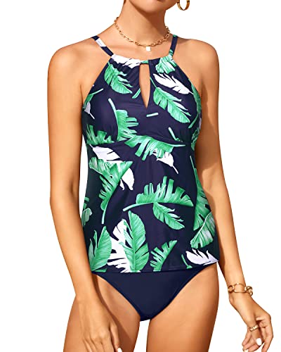 Tankini Bathing Suits For Women High Waisted Bottom 2 Piece Swimsuit For Women-Blue Leaf