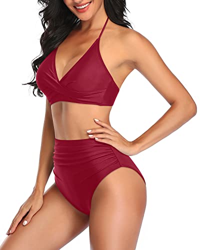 Bathing Suit Criss Cross Twist Front Halter Top Tummy Control Swimsuit-Red