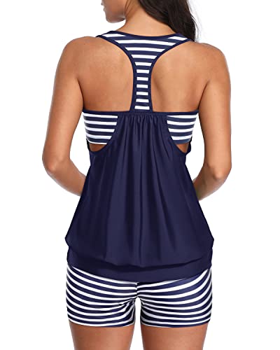 Layered Design Tankini Tops Boy Shorts For Ladies-Blue And White Stripes