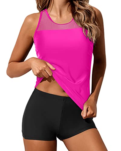 Sporty Racerback Tankini Top And Boyleg Shorts Swimsuit Set For Women-Neon Pink And Black