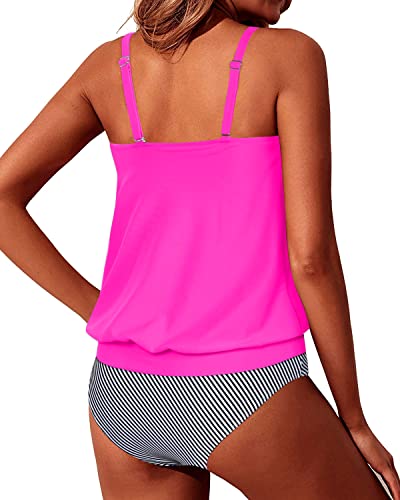 Mid Waist Tummy Control Tankini Swimsuits For Teen Girls-Hot Pink Stripe