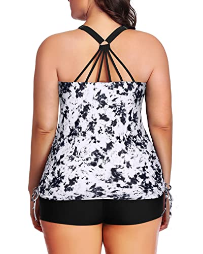 Plus Size Two Piece Ruched Swimsuit Tummy Control-Black And White Tie Dye