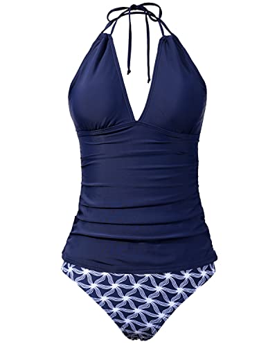 Halter Tankini Tops V Neck Bikini Bottom Tummy Control Two Piece Swimsuit-Navy Blue Tribal