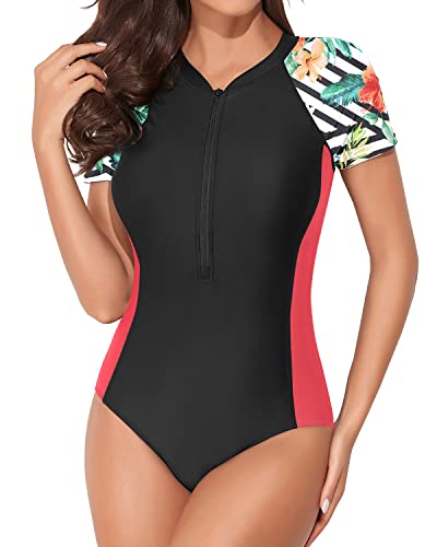 Upf 50+ Bathing Suit Surfing Swimwear Zipper Swimsuits For Women-Black And Striped Leaves