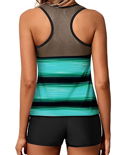 Athletic Racerback Tankini Swimsuit Boyleg Bottoms For Women-Green Black Stripes