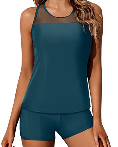 Mesh Shoulder And Racerback Athletic Racerback Tankini Swimsuits-Teal