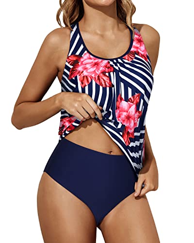 Loose Fit Two Piece Tankini Bathing Suits For Women Tummy Control-Blue Floral