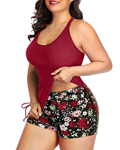 Flattering Tankini Set High Waisted Boyleg Shorts-Red Floral