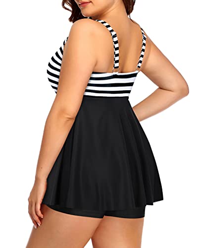 V Neckline Modest Coverage Swimwear Bowknot For Ladies-Black And White Stripe