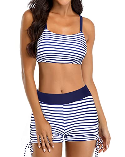 3 Piece Womens Tankini Swimsuit Push Up Padded Bra Athletic Bathing Suit-Blue White Stripe