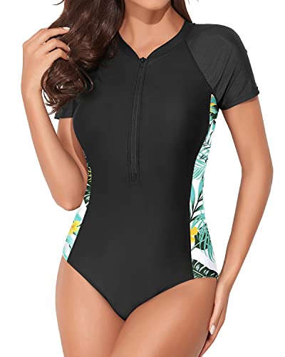 Zipper Bathing Suit Surfing Swimwear Upf 50+ Rash Guard For Women-Black Leaf