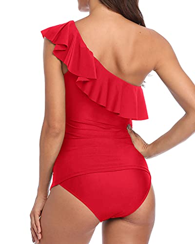 Tummy Control Ruffle Tankini One Shoulder Swimsuits For Women-Red