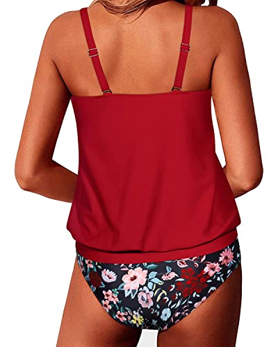 Loose Fit Mid Waist Bottom Tummy Control Teen Tankini Swimsuits-Red Floral