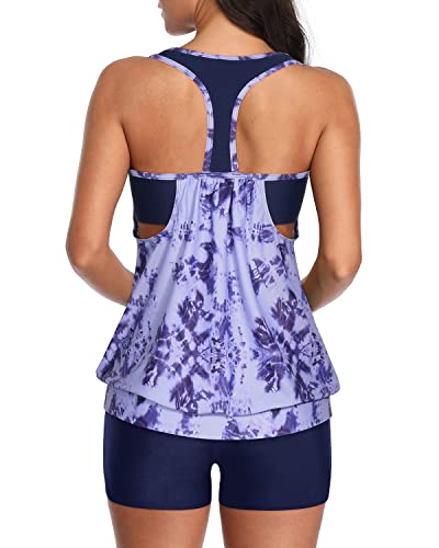 Sporty T-Back Blouson Two Piece Tankini Swimsuits For Women-Blue Tie Dye