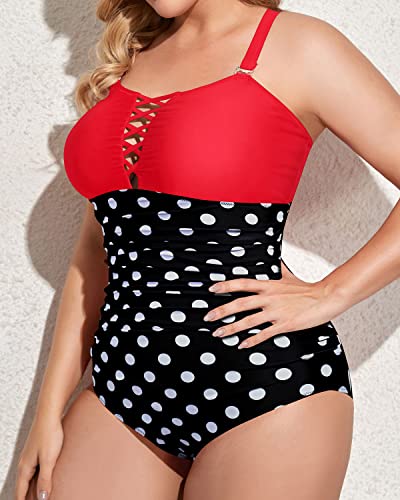 Full Coverage Plus Size Criss Cross Back Lace Up One Piece Swimsuit-Red And Black Dot