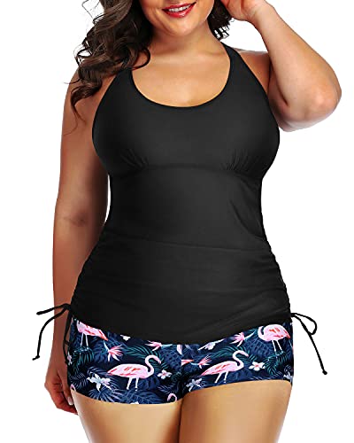 Athletic Plus Size Bathing Suit For Women High Waisted Boyshorts-Black Flamingo
